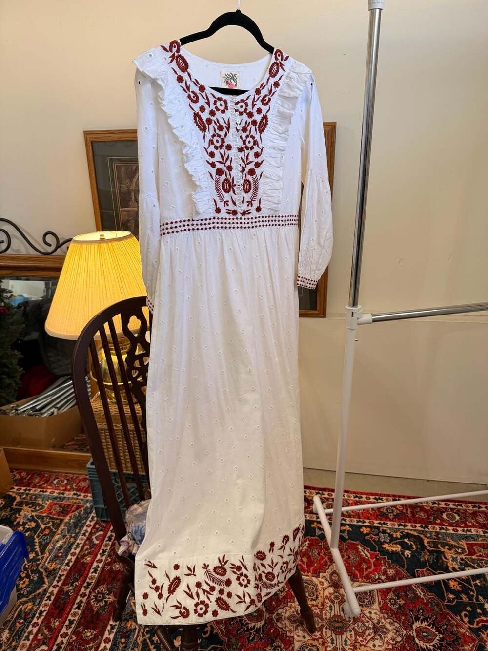 Citrus White Linen Eyelet Long Maxi Dress Red Embroidery Ruffles Cottage Boho